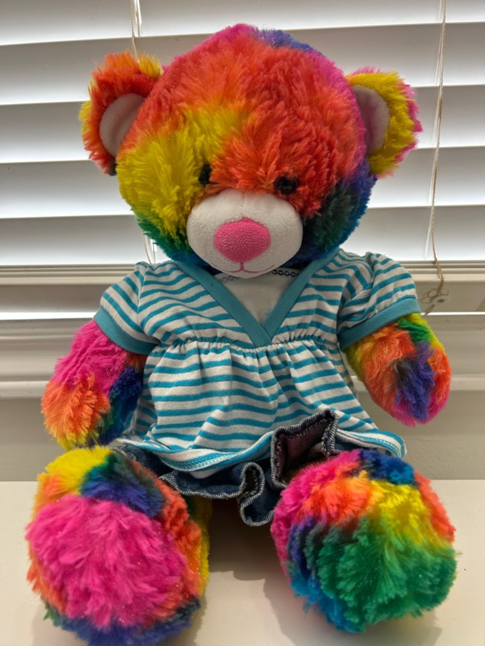 Build-A-Bear Rainbow Plush Bear with Striped Blue Dress
